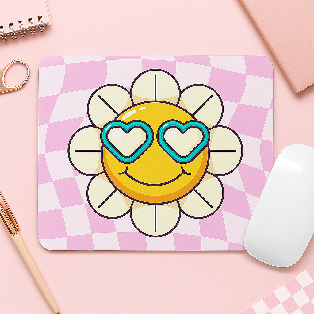 Smiley Flower Mouse Mat – Cute Pink Wavy Checker Desk Pad with Heart Sunglasses – 22x18cm