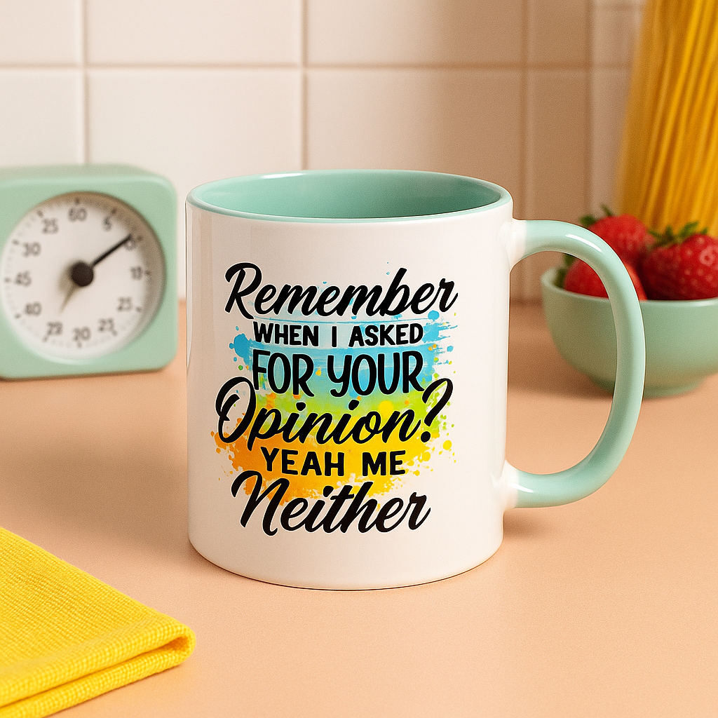 Funny 11oz Mug – “Remember When I Asked for Your Opinion? Yeah, Me Neither” – Sarcastic Coffee Cup