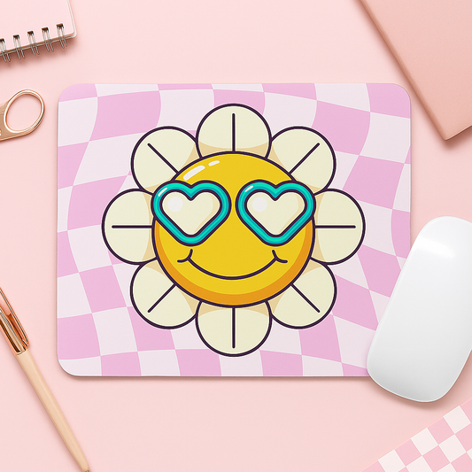 Smiley Flower Mouse Mat – Cute Pink Wavy Checker Desk Pad with Heart Sunglasses – 22x18cm