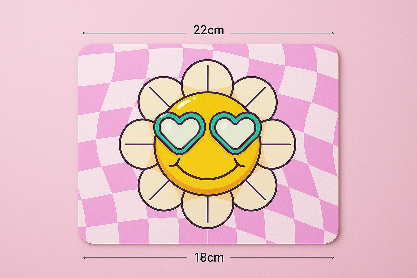 Smiley Flower Mouse Mat – Cute Pink Wavy Checker Desk Pad with Heart Sunglasses – 22x18cm