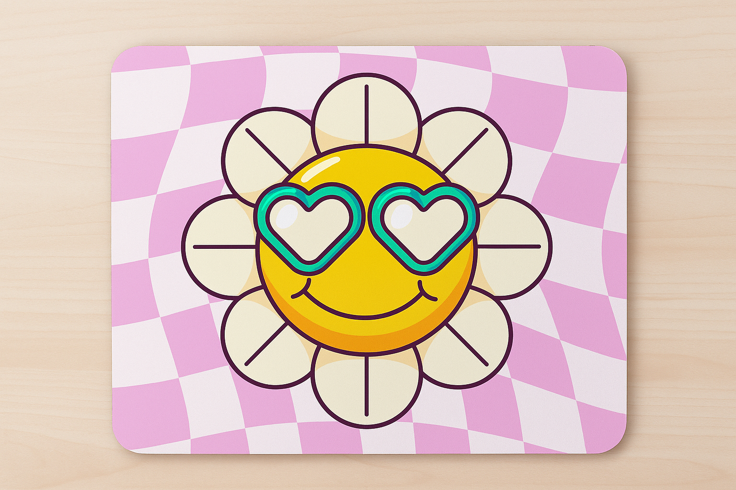 Smiley Flower Mouse Mat – Cute Pink Wavy Checker Desk Pad with Heart Sunglasses – 22x18cm