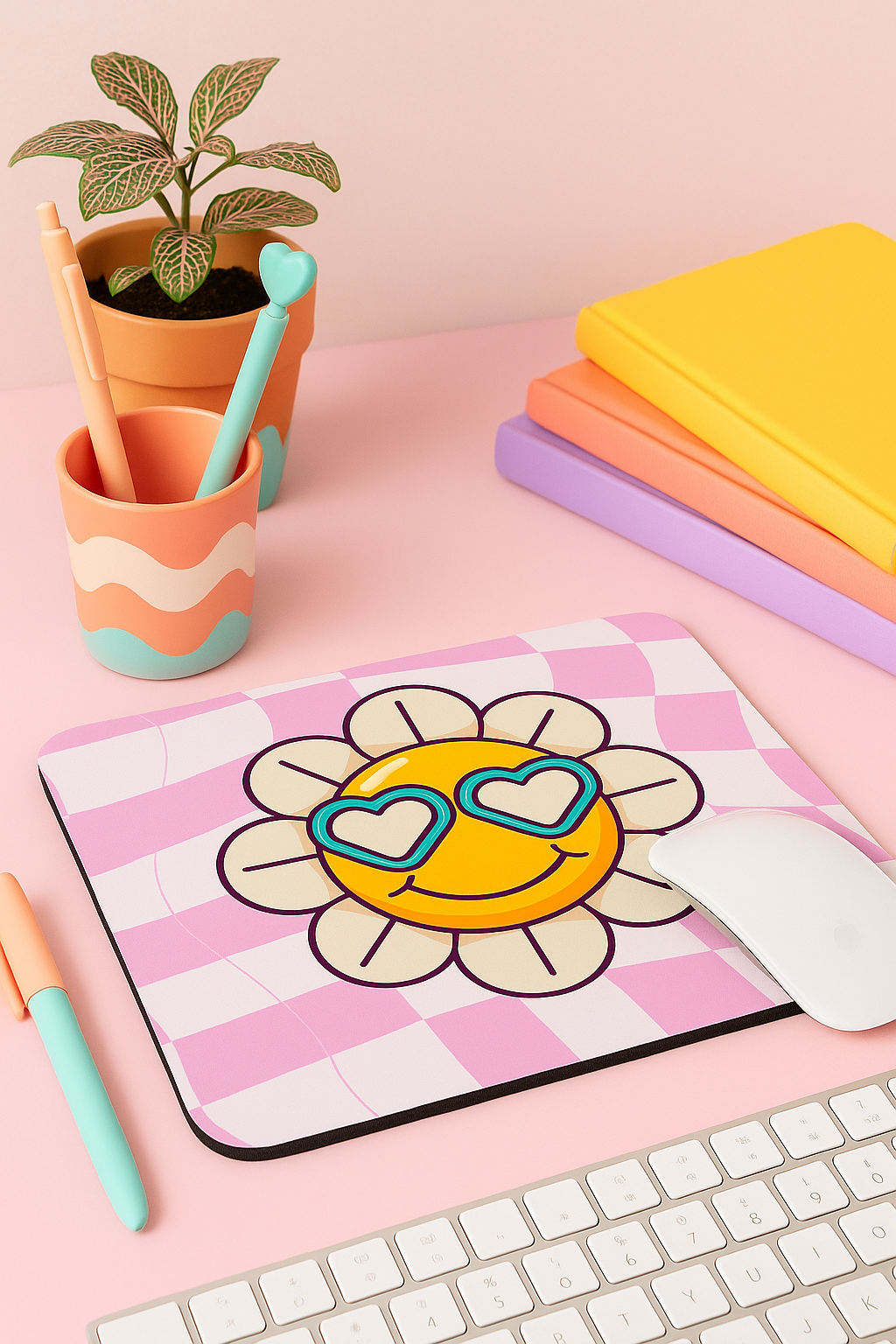 Smiley Flower Mouse Mat – Cute Pink Wavy Checker Desk Pad with Heart Sunglasses – 22x18cm