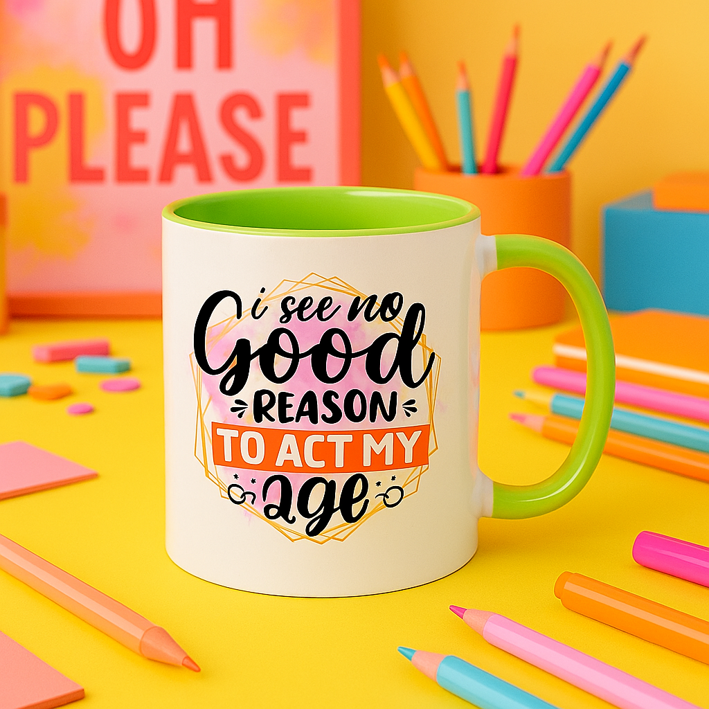 “I See No Good Reason To Act My Age” – Funny 11oz Colourful Mug