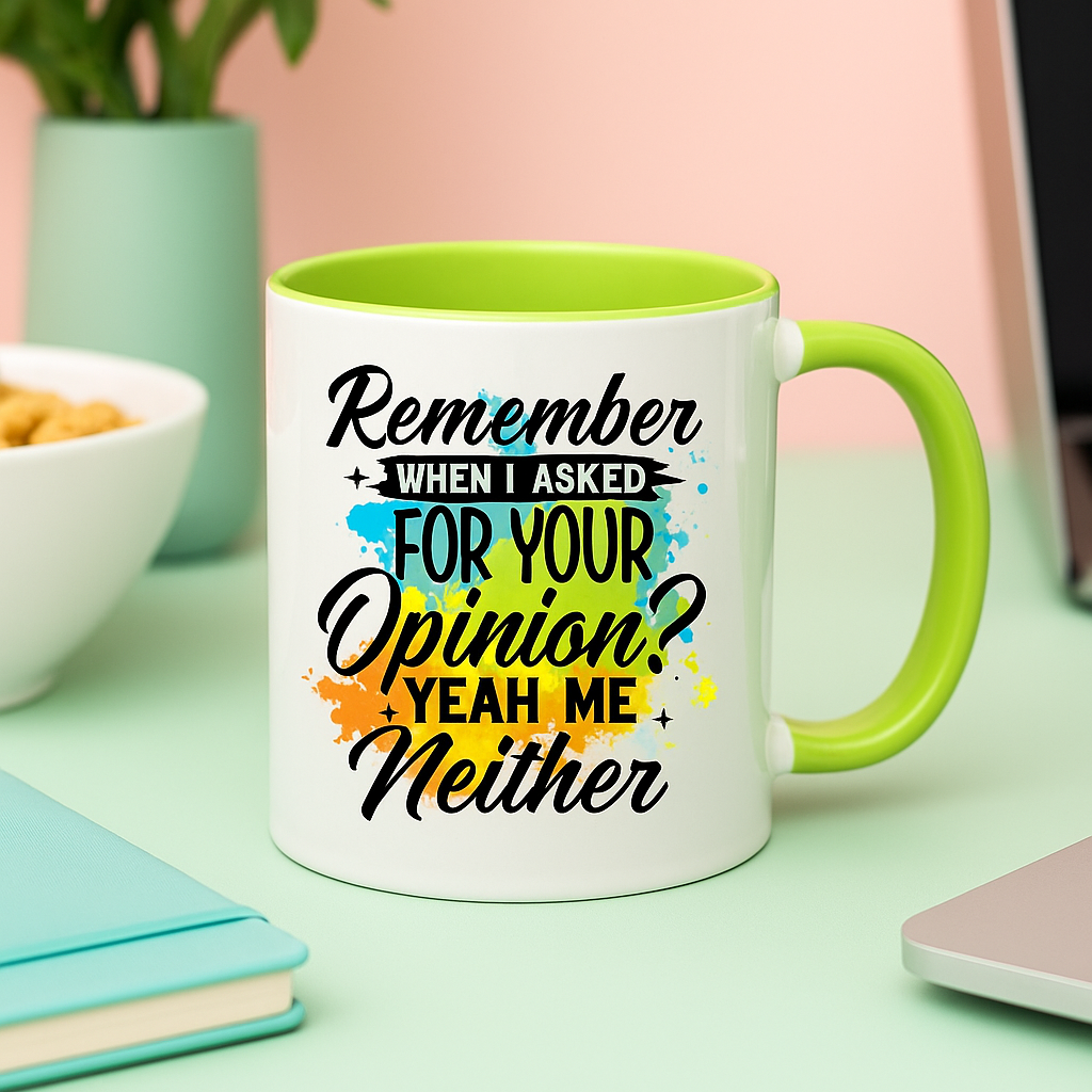 Funny 11oz Mug – “Remember When I Asked for Your Opinion? Yeah, Me Neither” – Sarcastic Coffee Cup